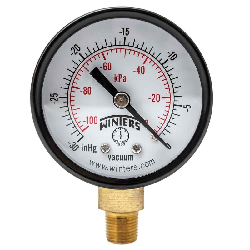 Winters Instruments Winters 2 inch Dial Size, Economy Utility Dry Pressure Gauge, Brass Internals, Black Steel Case, Dual Scale 30 inch Hg-0 Vac/kPa, 3-2-3% Accuracy, 1/8 inch NPT Bottom Mount, Vacuum Pressure Gauge - Image 1
